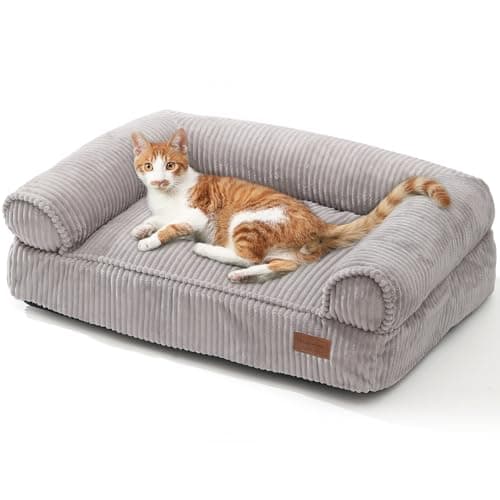 FUKUMARU Katzensofa Bett, Corduroy Gemütliches Katzenbett für drinnen mit abnehmbarem waschbarem Bezug, Stützendes Anti-Rutsch Hundebett Sofa für kleine Hunde, 72 x 52 x 22 cm, Mittel, grau