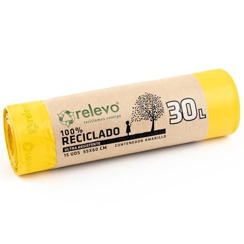 Relevo Gelbe Säcke – 15 Stück Müllbeutel 25L bis 30L mit Zugband, nachhaltig aus recyceltem Kunststoff, Anti-Leak-System, gelbe Mülltüten Bio Öko