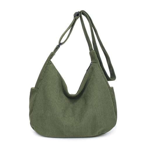 HAIWILL Crossbody Bag Damen Umhängetasche Mittelgroß Cord Halbmond Tasche Hobo Bag Shopper Tasche Damen Beuteltasche Stofftasche Schultertasche für College Schule Arbeit Reisen Einkaufe (Grün) Öko