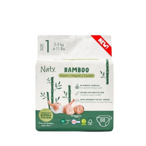 Naty Bamboo Baby Windeln aus Bambus-Viskose – Seidenweich, pflanzenbasierte Windeln, Dermatologisch getestet für empfindliche Haut & super saugstark (Größe 1, 88 Stück) Vegan