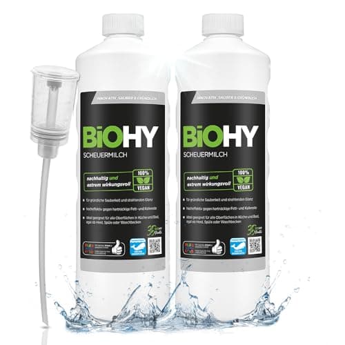 BiOHY Scheuermilch (2 x 1 liter) + Dosierer | entfernt hartnäckigen Schmutz mühelos | streifenfreie Reinigung ohne Kratzer | schonend zu Material & Umwelt | für Emaille, Keramik & Edelstahl Bio Öko Vegan
