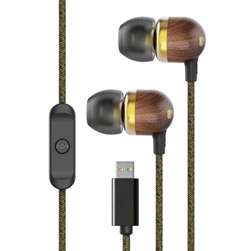 Marley House of Smile Jamaica USB-C Kopfhörer kabelgebunden mit 9,2-mm-Treiber – Nachhaltige In-Ear-Kopfhörer mit Kabel, verwicklungsfrei, integriertes Mikrofon für Musik & Anrufe, Brass Öko
