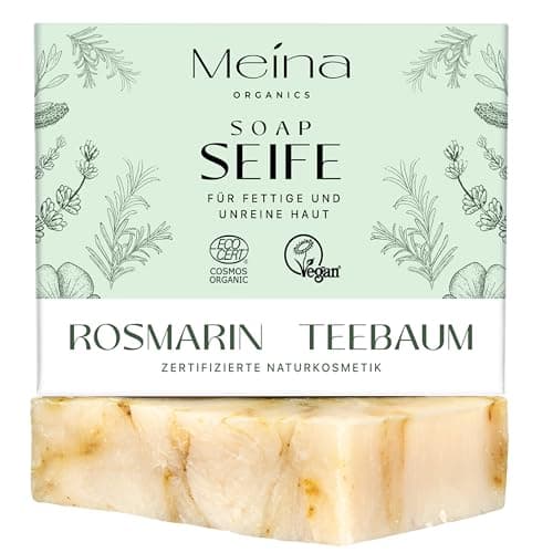 Meina Naturkosmetik - Teebaumöl Seife, Bio Naturseife gegen Pickel und unreine Haut ohne Palmöl, Zertifiziert, Vegan, Nachhaltig, Handgemacht, Wie ein festes Duschgel - 100g Bio Öko Vegan