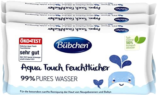 Bübchen Aqua Touch Feuchttücher, 144 Stück (3 x 48) – sensitive Pflegetücher mit 99% purem Wasser, feuchte Tücher für Neugeborene und Babys Bio Öko Vegan