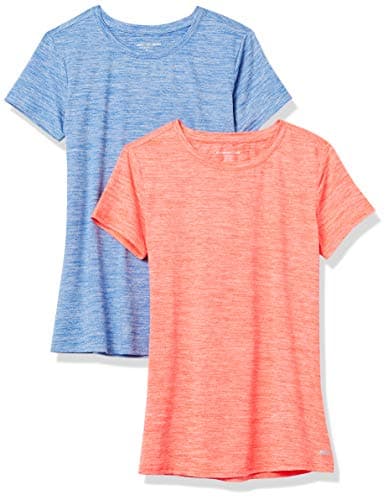Amazon Essentials Damen Active Quick Dry Tech Stretch Kurzarm-T-Shirt mit Rundhalsausschnitt (in Übergröße erhältlich), 2er-Pack, Hellblau Space-dye/Korallenorange Space-dye, XL