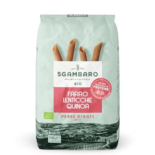 Sgambaro Bio Pasta Penne Rigate N.91-500 g mit Dinkelmehl, Linsenmehl und Quinoamehl – Hoher Proteingehalt, Quelle von Ballaststoffen und Eiweiß Bio Öko