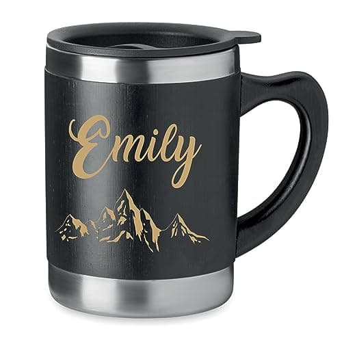 Schmalz® Doppelwandiger Isolierbecher aus Bambus inkl. Gravur graviert, nachhaltig Holz Thermobecher mit Deckel Trinköffnung Bambus Edelstahl 250 ml (Becher schwarz mit Henkel) Bio Öko