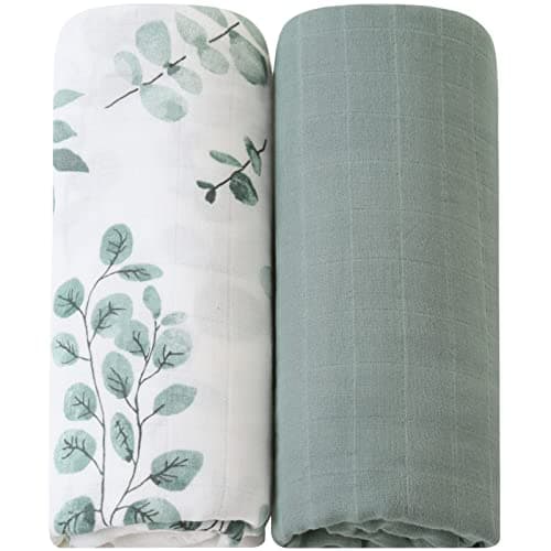 LifeTree Baby Pucktücher aus Baumwolle und Bambus, Große Musselin Tuch, 120x120cm Mullwindeln Babydecken für Junge und Mädchen, Spucktücher Baby Solide/Eukalyptuspflanzen Design Öko