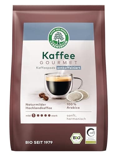 LEBENSBAUM Kaffeepads, Kaffee Gourmet entkoffeiniert, Bio Kaffee aus Arabica-Bohnen, Intensität 1/5, naturmilder harmonischer Genuss, 18 Pads Bio Öko