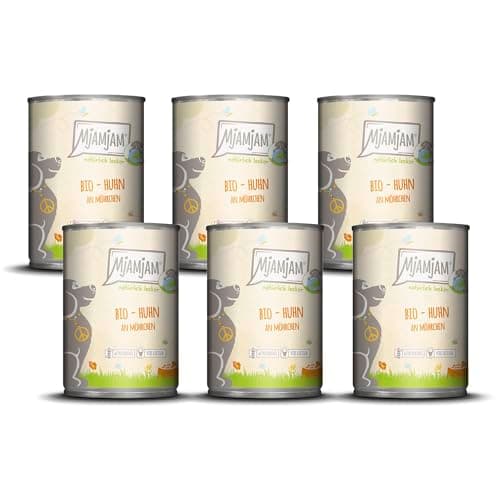 MjAMjAM – Premium Nassfutter für Hunde - natürlich lecker – Bio Huhn an Möhrchen,6er Pack (6 x 400g), getreidefrei mit extra viel Fleisch Bio Öko