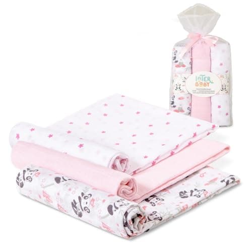 Interbaby Babytücher aus Baumwolle, 80 x 80 cm, Packung mit 3 Mullwindeln für Neugeborene, Stillen, Handtuch, Decke, bequem, weich, atmungsaktiv, Fallschirmspringer-Design, Rosa