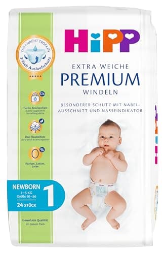 HiPP Extra Weiche Premium Windeln 1, Newborn 2-5 kg, 72 Stück (3 Packungen mit 24), mit 3-fach Auslaufschutz und Duo Hautschutz
