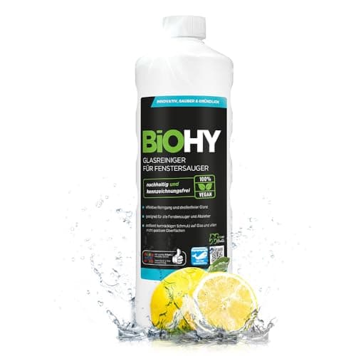 BiOHY Glasreiniger für Fenstersauger (1l Flasche) | Fensterreiniger Konzentrat für alle Fenstersauger | Bio Reinigungsmittel sorgt für streifenfreien Glanz | Glasreiniger | Fensterputzmittel Bio Öko Vegan