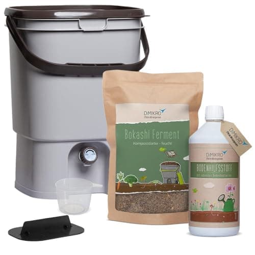 Bokashi Eimer Starterset - Japanisches Design (grau) + Bokashi Ferment + EM aktiv + Bokashi Broschüre