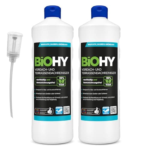 BiOHY Vordach- und Terrassenreiniger (2 x 1 liter) + Dosierer | Bio Konzentrat für Glasdächer, Kunststoffdächer, Wintergärten | Nachhaltige Reinigung & Pflege | Hohe Wirksamkeit und strahlender Glanz