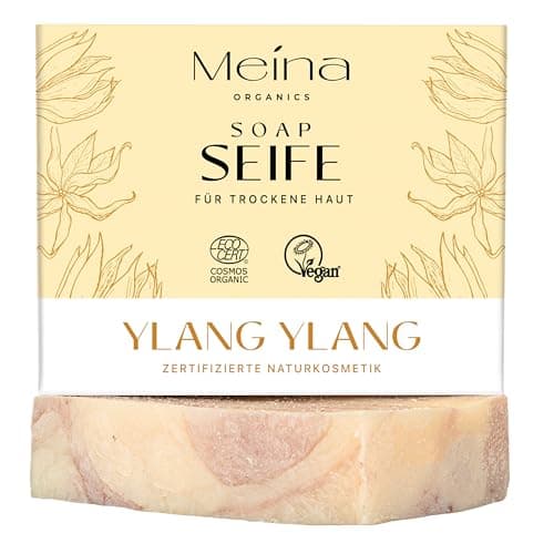 Meina Naturkosmetik - Bio Seife mit Ylang Ylang, Naturseife für trockene Haut ohne Palmöl, Zertifiziert, Vegan, Nachhaltig, Handgemacht, Wie ein festes Duschgel - 100g