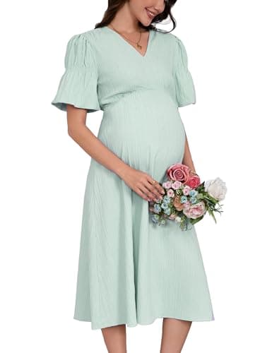 YesFashion Umstandskleid Damen Sommer Elegant V-Ausschnitt Langes Stillkleid Hohe Taille Casual Schwangerschaftskleid mit Laternenärmel Hellgrün L Öko