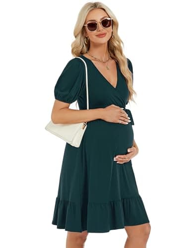 MODIURBAN Damen Umstandskleid V-Ausschnitt Sommer Kurzarm Stillkleid Umstandsmode hohe Taille Rüschen Schwangerschafts Kleid mit Gürtel Dunkelgrün M Öko