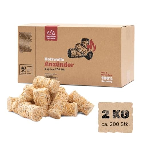 Heumüller Holzwolle 2 kg (ca. 200 Stück) Holzwolle-Anzünder Kaminanzünder I Öko-Anzünder aus Holzwolle & Wachs I Lange Brenndauer & geruchsneutral I Ideal für Kamin, Grill, Smoker & BBQ Öko
