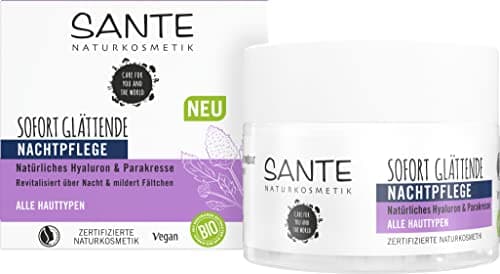 SANTE Naturkosmetik Glättende Nachtpflege, Feuchtigkeitsspendende Nachtcreme für einen strahlenden Teint, Mit natürlichem Hyaluron und Parakresse, 1 x 50 ml Bio Vegan