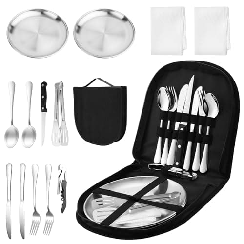 Camping Geschirr Set 2 Personen 14-teilig, Picknick Set, Edelstahl Outdoor Geschirr für Outdoor, Camping, Picknick, Grillen und Wandern Öko