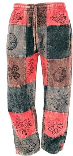 GURU SHOP Patchwork Stonewash Yogahose, Unisex Goa Baumwoll Hose - Rot, Herren, Baumwolle, Size:L