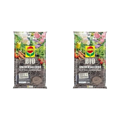 COMPO Bio Universal-Erde für Zimmerpflanzen, Ideal auch als Gemüseerde, für Obst und als Kräutererde, Torffrei, Kultursubstrat, 7,5 Liter, Braun (Packung mit 2) Bio Öko