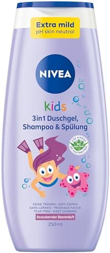 NIVEA KIDS 3in1 Duschgel, Shampoo & Spülung, Pflege und Reinigung für Kids mit bezauberndem Beerenduft, extra milde, seifenfreie Haar- und Hautpflege für Kinder (250 ml) Bio