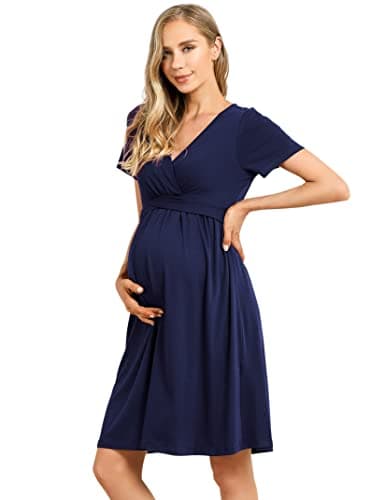 KOJOOIN Damen Umstandskleid V-Ausschnitt Stillkleid Kurzarm Casual Falten Schwangerschaftskleid Dunkelblau(Kurzarm) L