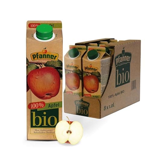 Pfanner 100% BIO Apfelsaft naturtrüb (8 x 1 l) – direkt gepresste Äpfel – Saft ohne Zuckerzusatz – Fruchtsaft im Vorratspack Bio