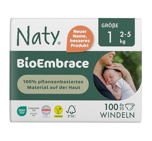Naty BioEmbrace Neugeborenen Baby Windeln Größe 1 (2–5 kg) | 100% pflanzenbasierte Materialien auf der Haut | Atmungsaktive Weichheit, dermatologisch getestet, exzellente Saugkraft | 100 Stück
