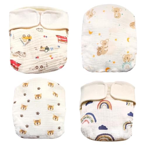 Stoffwindeln Baby Baumwolle, 4 Stück Waschbare Windeln mit Verschiedenen Cartoon-Mustern, L Spreizhose, Stoffwindeln überhose für Die Meisten babys und Kleinkinder (5-9kg)