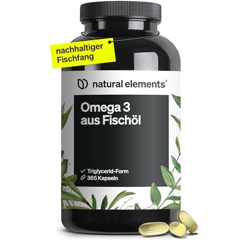 natural elements Omega 3 – 365 Kapseln – 2000mg Fischöl pro Tagesdosis – mit EPA und DHA in Triglycerid-Form – Laborgeprüft, aufwendig aufgereinigt und aus nachhaltigem Fischfang Öko