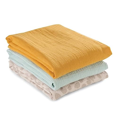 hauck 3 Musselintücher für Babys Cuddle N Clean, Spucktücher Pucktücher Stilltuch aus 100% weicher Baumwolle 80 x 80 cm, Atmungsaktiv und Leicht zu Reinigen (Honey/ Mint/ Leo Natural) Öko
