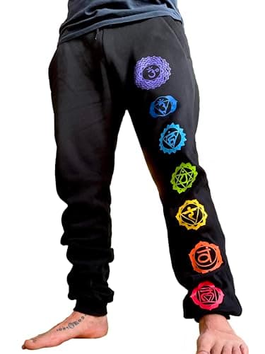 Yoga-Hose aus Bio-Baumwolle in schwarz, Unisex mit den 7 Chakren in Regenbogen Farben (L, schwarz)