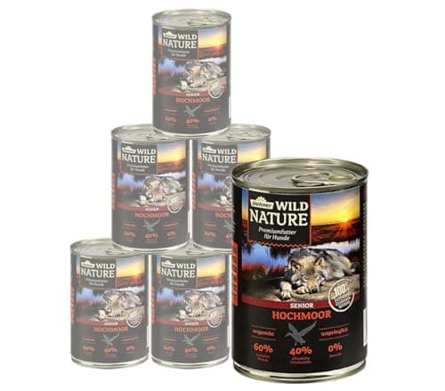 Dehner Wild Nature Hundefutter Hochmoor, Nassfutter getreidefrei / zuckerfrei, für ältere Hunde, Ente, 6 x 400 g Dose (2.4 kg) Vegan