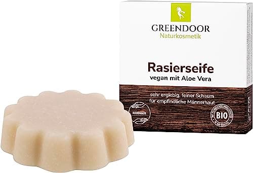 GREENDOOR VEGANE Rasierseife Aloe Vera 80g, cremiger beständiger Schaum, optimale Rasur, Naturkosmetik mit Bio Sheabutter für Herren und Damen, Seife mit extra Pflege, Männer Bio Öko Vegan