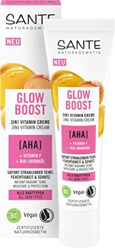 SANTE Naturkosmetik Glow Boost 3in1 Vitamin Creme, nährende Tagescreme mit AHA, Vitamin F und Bio-Jojobaöl, regenerierende Feuchtigkeitspflege für strahlende Haut, 30ml Bio Öko Vegan