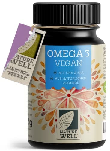 Omega-3 Vegan 60 Kapseln hochdosiert, 2000mg Omega-3 Algenöl pro Tag mit 600mg DHA & 300mg EPA, veganes Omega aus nachhaltigem Anbau als Fischöl-Alternative, laborgeprüft mit Zertifikat, NatureWell Bio Öko Vegan