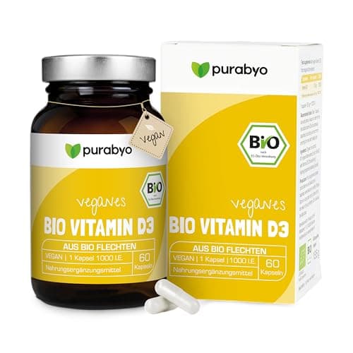 Bio Vitamin D3 Kapseln vegan | Bio Vitamin D3 vegan | aus Flechtenextrakt aus kontrolliert-biologischem Anbau | im Glas | 1 Kapsel = 25 µg = 1000 I.E. | 2-Monatsversorgung | laborgeprüft Bio Öko Vegan