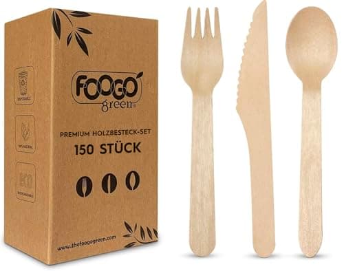 FOOGO Green 150-teiliges Einweg-Holzbesteck-Set, 50x Gabeln, 50x Löffel, 50x Messer, 16 cm, biologisch abbaubar, kompostierbar, umweltfreundliches Besteckset, Party-Picknick Bio Öko