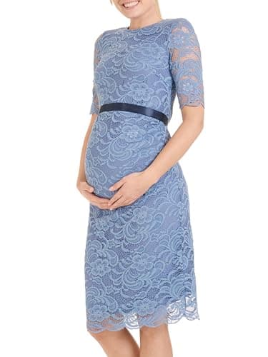 Herzmutter Umstandskleid festlich - Schwangerschaftskleid mit Spitze - Elegant - Hochzeit - besondere Anlässe - Kurzarm - 6200 (M, Grau-Blau)