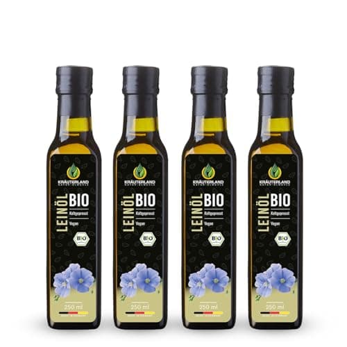 Kräuterland Bio Leinöl 4X250ml (1Liter), bio Leinsamen, kaltgepresst, mild und nussig, reich an Lignane und Omega 3-6-9 Fettsäuren, naturrein ohne Zusatzstoffe, glasflasche, mühlenfrisch Bio