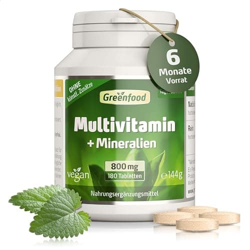 Greenfood Multivitamin, hochdosiert - 180 Tabletten, vegan. Vitamine plus Mineralien & Spurenelemente. Mit hoher Bioverfügbarkeit. A bis Z Komplett-Versorgung. OHNE künstliche Zusätze - laborgeprüft. Bio Öko Vegan