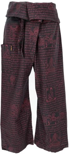 GURU SHOP Thai Fischerhose mit Mantra Druck aus Gewebter Baumwolle, Wickelhose, Yogahose - Schwarz, Herren/Damen