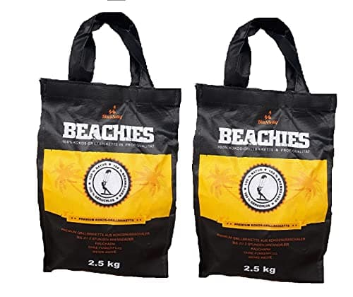 BlackSellig 2 x 2,5 Kg Beachies Kokos Grill Briketts Reine Kokosnussschalen Grillkohle - perfekte Profiqualität - für den Short Job