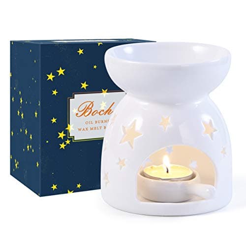 Bochee Keramik Duftlampe Aromalampe mit Geschenkbox, Teelichthalter Kerzenhalter Set Sternchenmuster Aroma Diffuser
