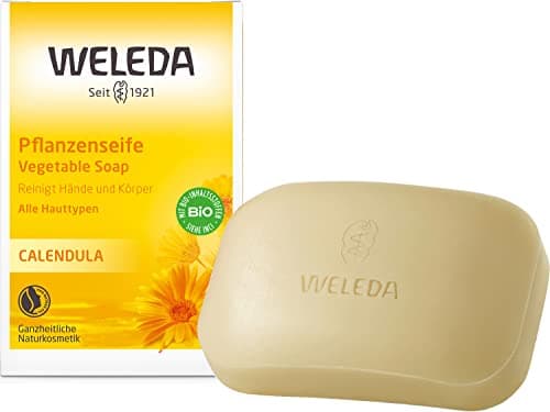 WELEDA Bio Calendula Handseife / Körperseife - natürliche Naturkosmetik Pflanzenseife / Naturseife mit Kokosöl & Olivenöl zur Reinigung sensibler Haut - vegan, nachhaltig & aromatischer Duft (1x100g) Bio Öko Vegan