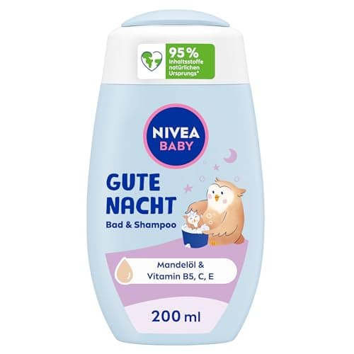 NIVEA BABY Gute Nacht Bad & Shampoo, mildes Babyshampoo & Duschgel mit Mandelöl, Vitamin E, B5 und C, beruhigendes Baby Shampoo mit hypoallergener Formel und hautfreundlichem pH-Wert (200 ml) Bio Vegan