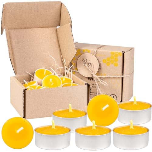 BeesWax World 100% Bienenwachskerzen – Bienenwachs Teelichter mit Baumwolldochten – 4 Stunden Brennzeit –10-50-teiliges Kerzenset – Bienenwachs-Kerzen mit Recyceltem Kunststoff Öko